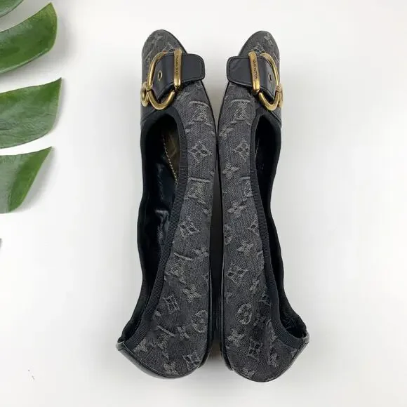 Louis Vuitton Monogram Denim Flash Lotus Black Ballerina Flats Women 37.5 US 7.5 - Picture 9 of 12